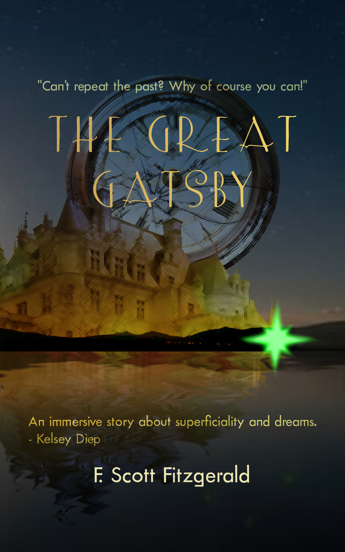 A mansion located next to a lake with a broken clock behind it. The book is titled The Great Gatsby
